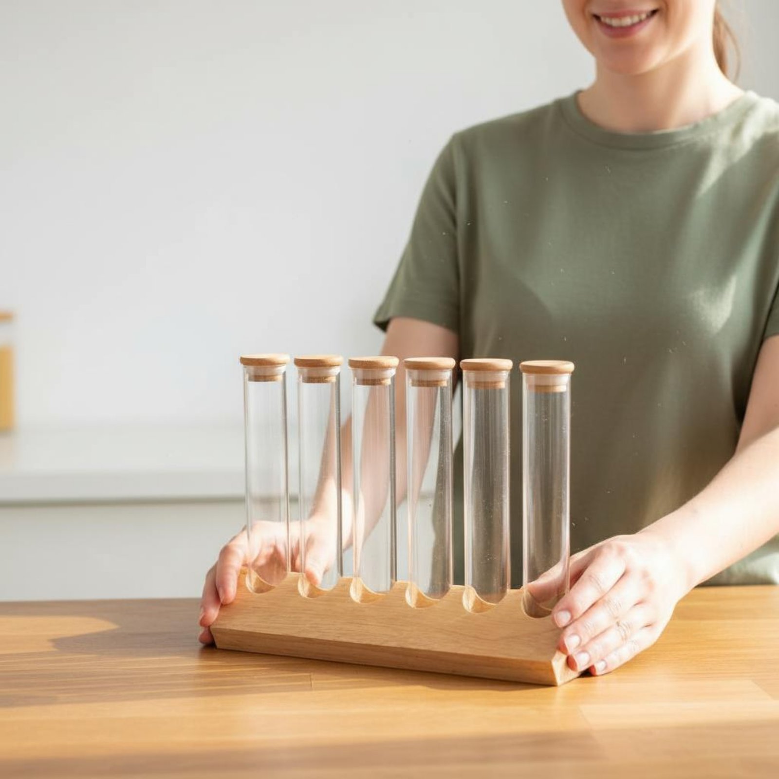 Display Stand Wood - Glazen buisvormige bewaardoosenset met houten standaard,