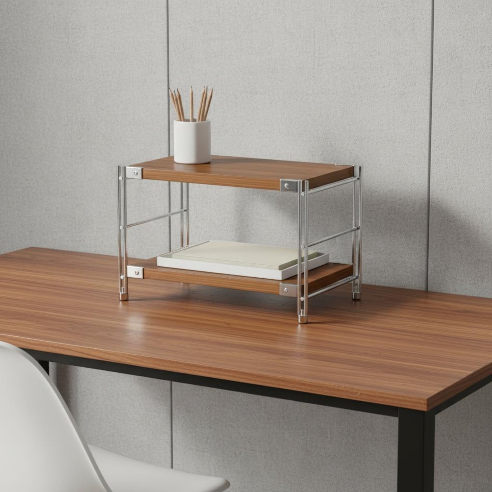 Smalle staande plank met X-vor - Display Stand Wood recensie en prijs